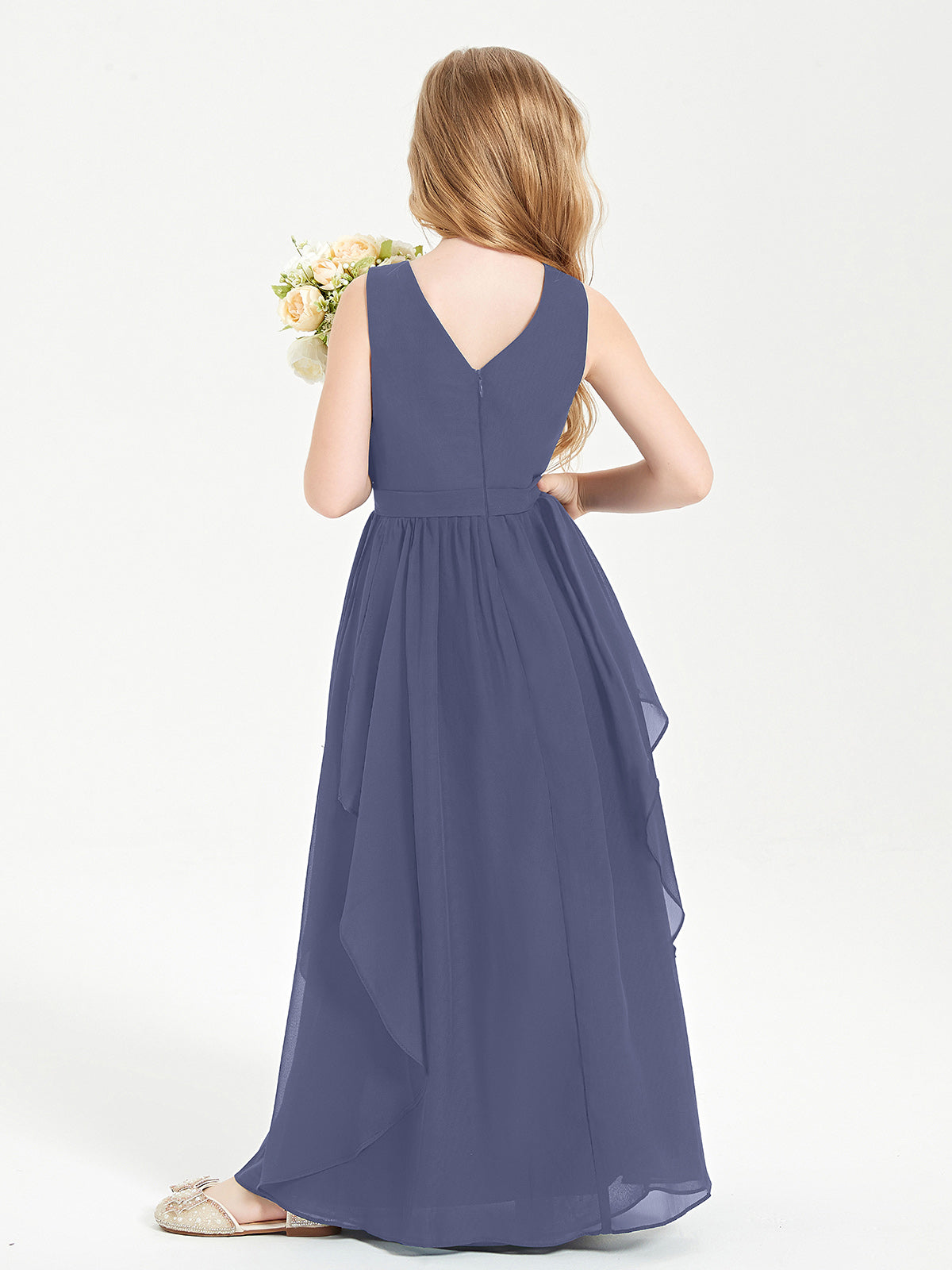 Boho Sleeveless Junior Chiffon Bridesmaids Gown Stormy